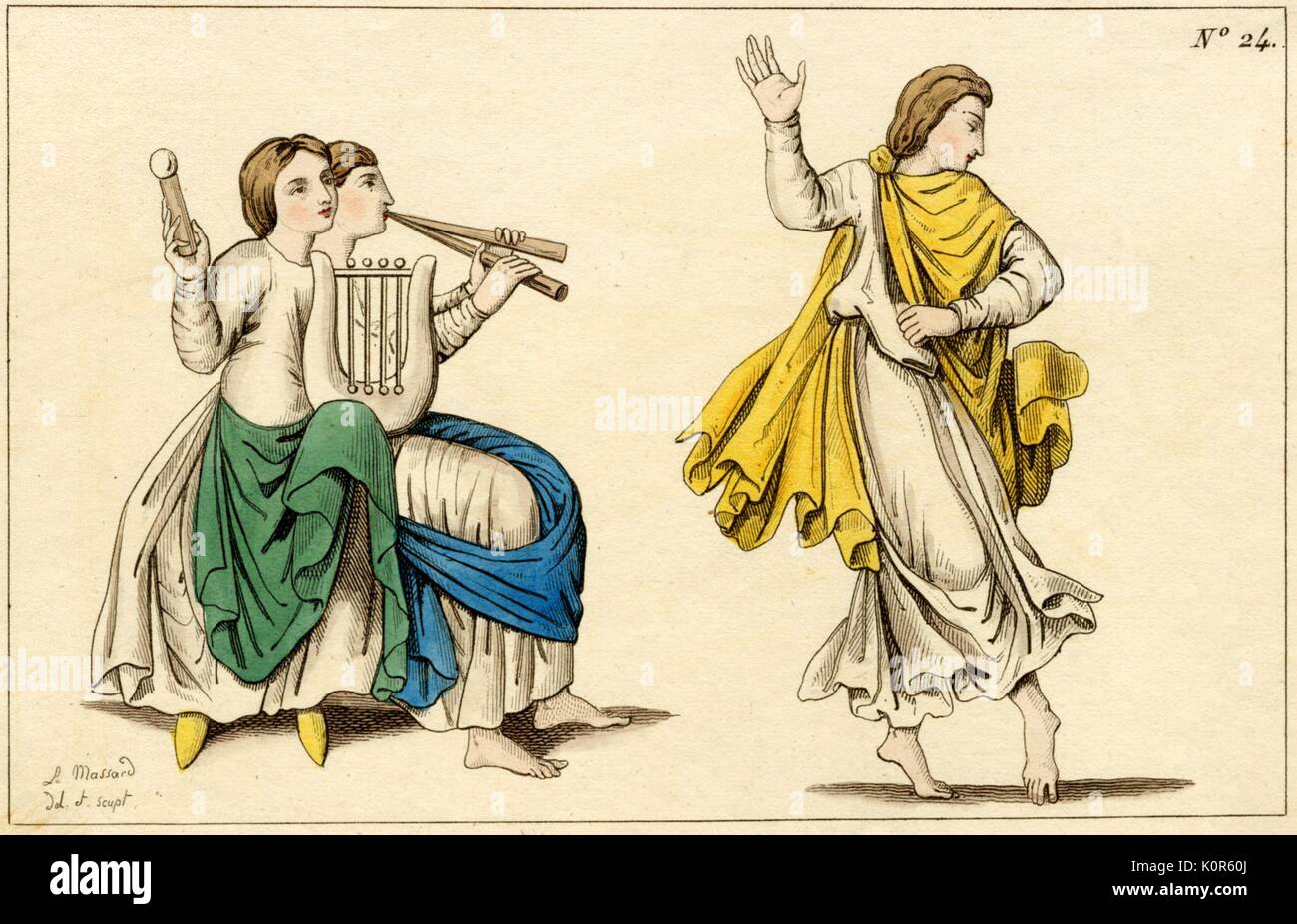 Double aulos player and lyre player and dancer. Drawn in classic style.  Heading reads eighth / 8th century. Instruments in reign of Louis 1st.  Entitled Musique et Danses Stock Photo - Alamy