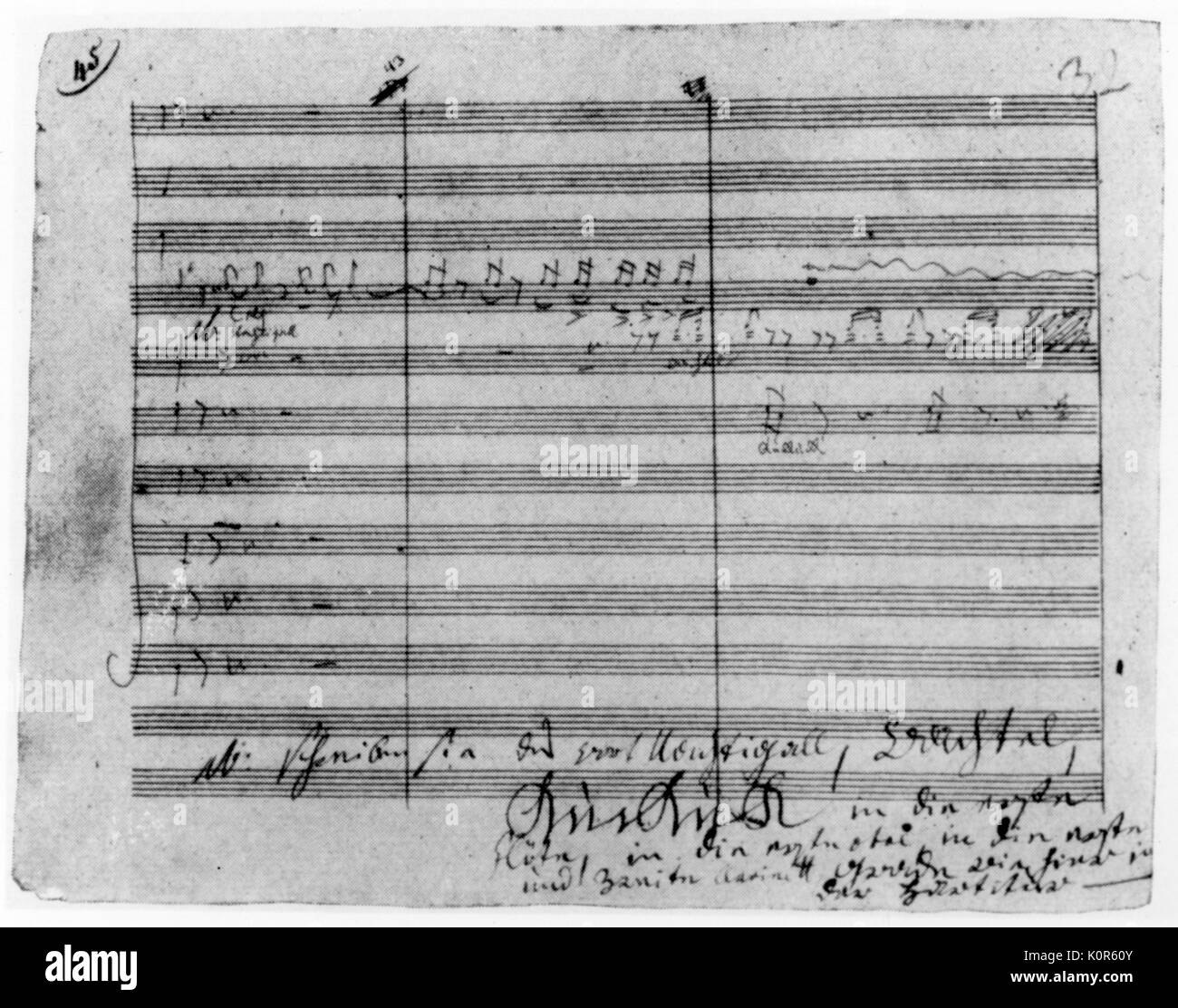 Beethoven. Part of the German composer's 6th Symphony score in Beethoven's handwriting .  Beethoven signature at end and notes in his handwriting. This is Op.68. Pastoral Symphony. 17 December  1770- 26 March 1827. Ludwig van Beethoven. Stock Photo