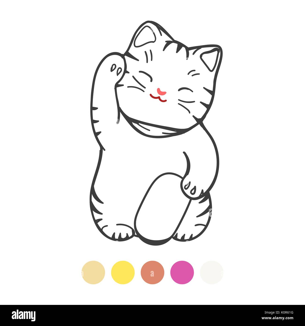 Coloring page for kids with colors sample, vector illustration. Cute kitten with toy Stock Vector
