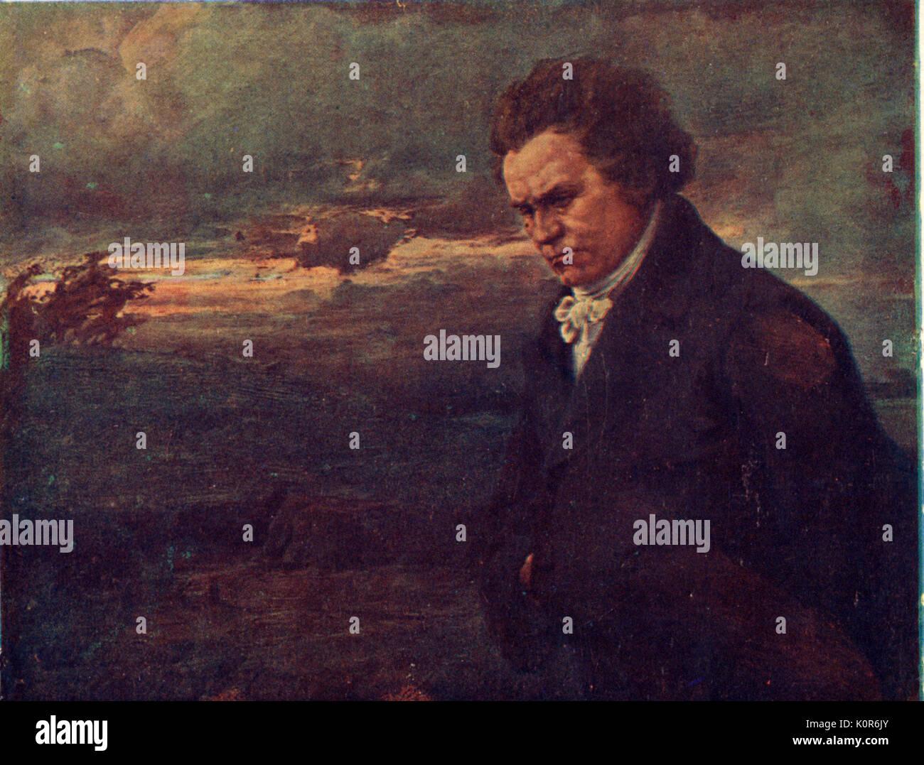 Ludwig van Beethoven brooding against country night background. Portrait  by Woolf. German composer (1770-1827). Stock Photo
