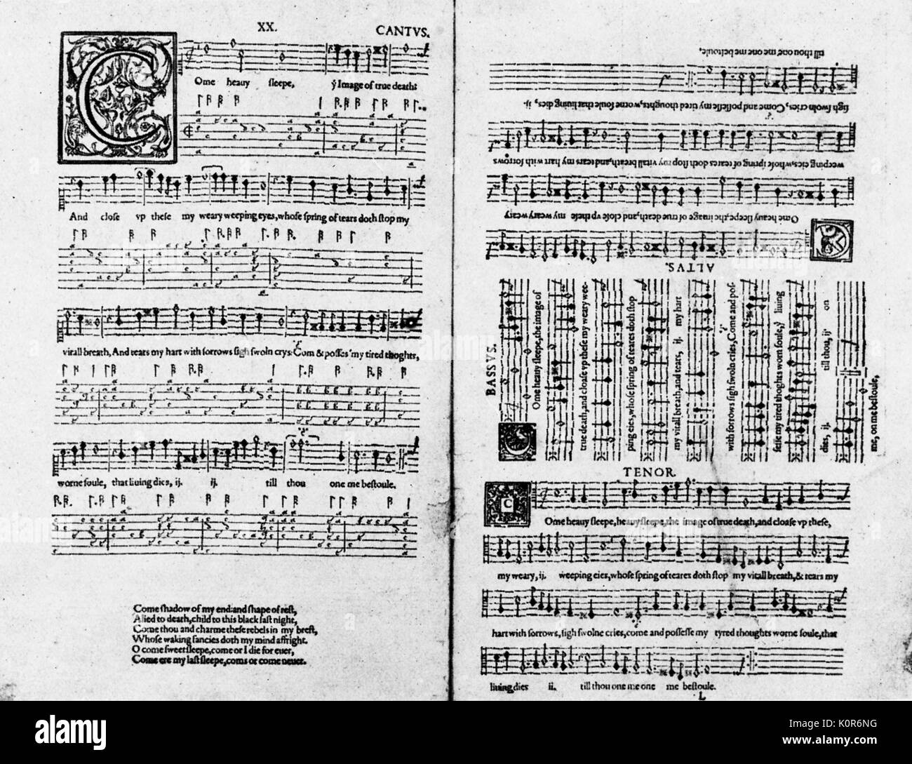 John Dowland score. English composer, 1562-1626. From THE FIRST BOOKE OF SONGES OR AYRES OF FOURE PARTES WITH TABLETURE FOR THE LUTE. London 1597 Stock Photo