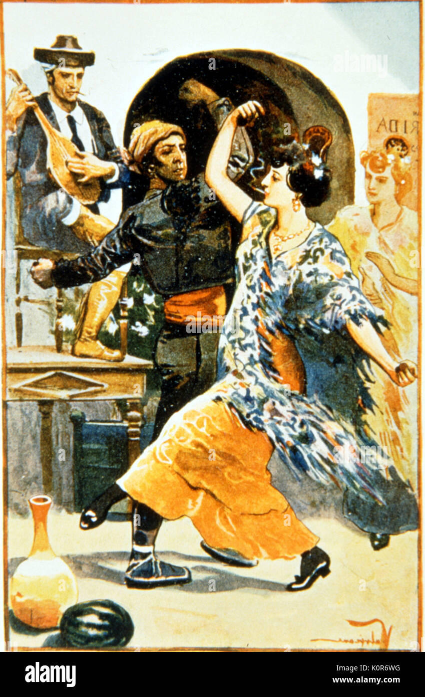 Gypsies dancing. using castanets, cigarette in woman's mouth.  Spanish dance.  Carmen . Stock Photo