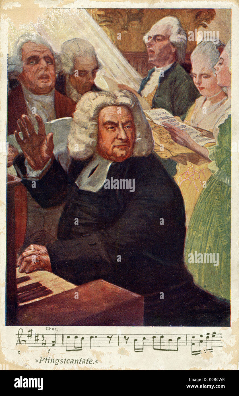 Johann Sebastian Bach at keyboard Singers choir behind him . German organist and composer 1685-1750. Work commissioned by church Stock Photo