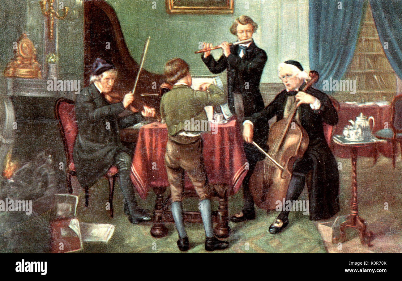 Flute Quartet Early 19th century painting; early romantic.  Flute, Violin, Viola, Cello. Stock Photo