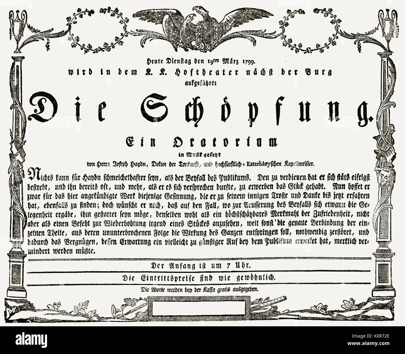 Franz Joseph Haydn - announcement of first performance of 'Die Schöpfung' (or Schoepfung), at the Hoftheater (Imperial Court Theatre) on 19 March 1799. 'Creation'.  FJH, Austrian composer: 31 March 1732 - 31 May 1809. Stock Photo