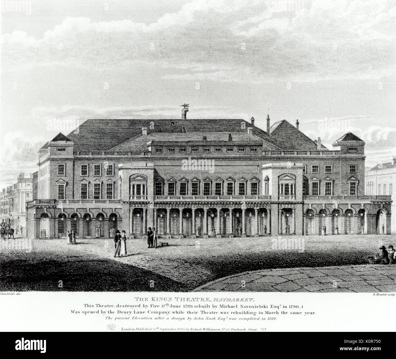 Kings Theatre, Haymarket in London. Caption reads'This theatre destroyed by Fire 17th June 1789