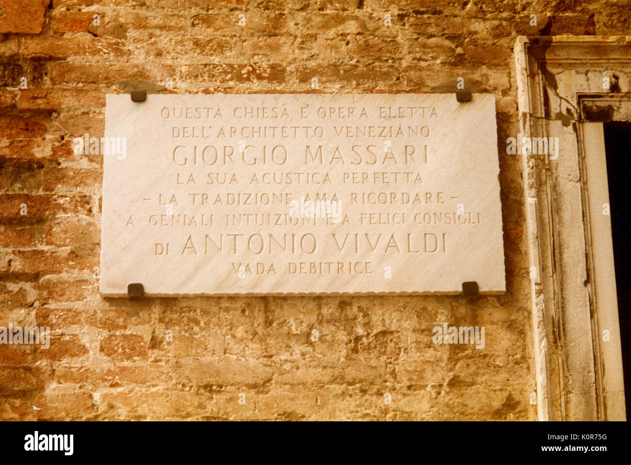 Vivaldi Plaque at church of Pieta. Architect Massari consulted Vivaldi about ideal acoustics for his music even though the church not completed until 10 years after Vivaldi's death.   Italian composer & violinist, 1678-1741 Stock Photo