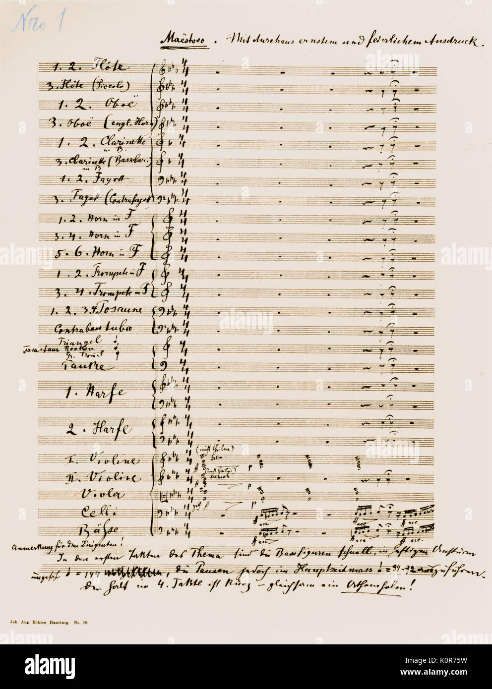 MAHLER Gustav- 2nd Symphony 1st page of handwritten ms. Opening words at top read 'Maestro Mit durchaus ernstem und...' Stock Photo