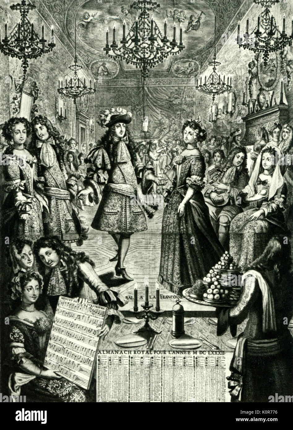 Marc-Antoine Charpentier in engraving by Pierre Landry entitled 'The Royal Almanac of 1682' and celebrating L.XIV's military victory in Alsace. Score is excerpt from Menuet de Strasbourg by Charpentier. Louis XIV dancing minuet. Ball at Versailles. Thought to be Marc-Antoine Charpentier holding score and only portrait ini existence-according to MA Charpentier Society. Stock Photo