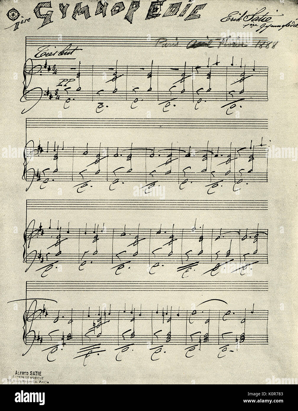 SATIE score for Gymnopedie 1888 lst page of manuscript. French composer