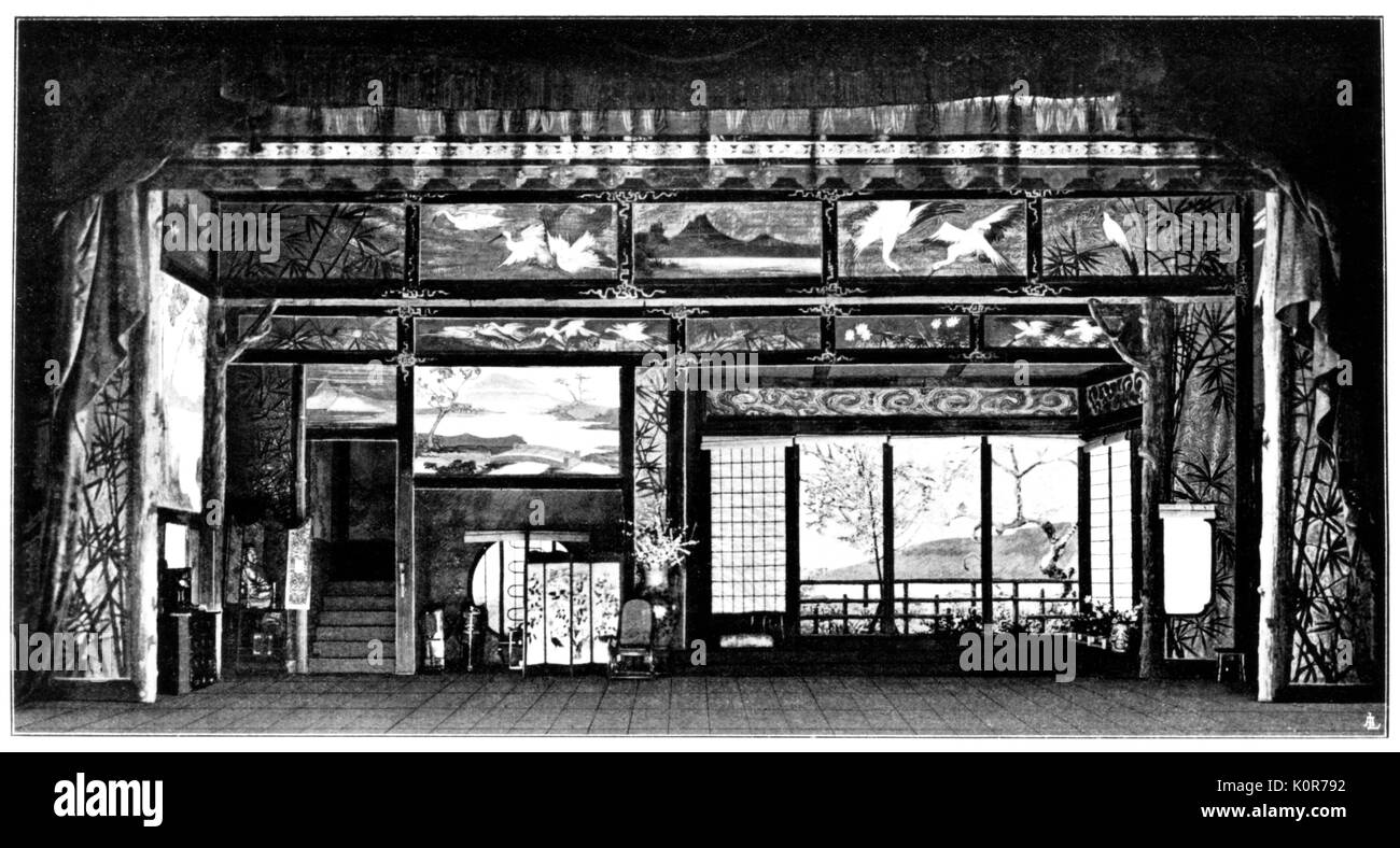 'Madama Butterfly' original set design - inside of Butterfly's home, Act III, set design for 1904 production. Opera by Giacomo Puccini. Italian composer: 22 December 1858 - 29 November 1924. Stock Photo