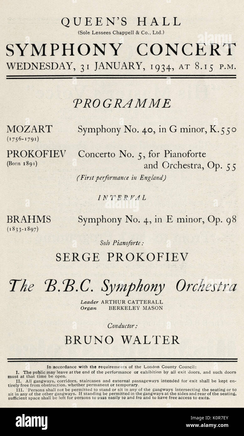 Sergei Prokofiev - Concerto no.5 for Pianoforte and Orchestra Op.55. Programme for English premiere at Queen's Hall / Queens Hall, London, 31st Jan 1934 Conducted by Bruno Walter. Prokofiev - Russian composer, 27 April 1891 - 5 March 1953. Stock Photo