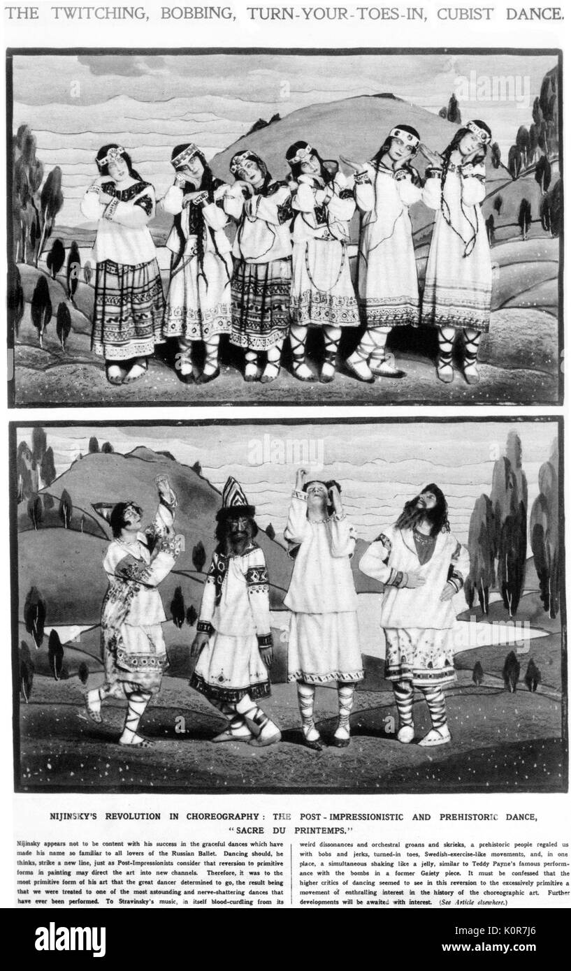 Les Adolescents in Igor Stravinsky ballet Rite of Spring. photos of Paris premiere appearing in scathing magazine review   in The Sketch Supplement 23rd July 1913.   Reads:The twitching, bobbing, turn-your-toes-in, cubist dance.' '  Ballet Russes de Diaghilev. Stravinsky: Russian composer 1882-1971 . Ballet Russe, Ballets Russes Stock Photo
