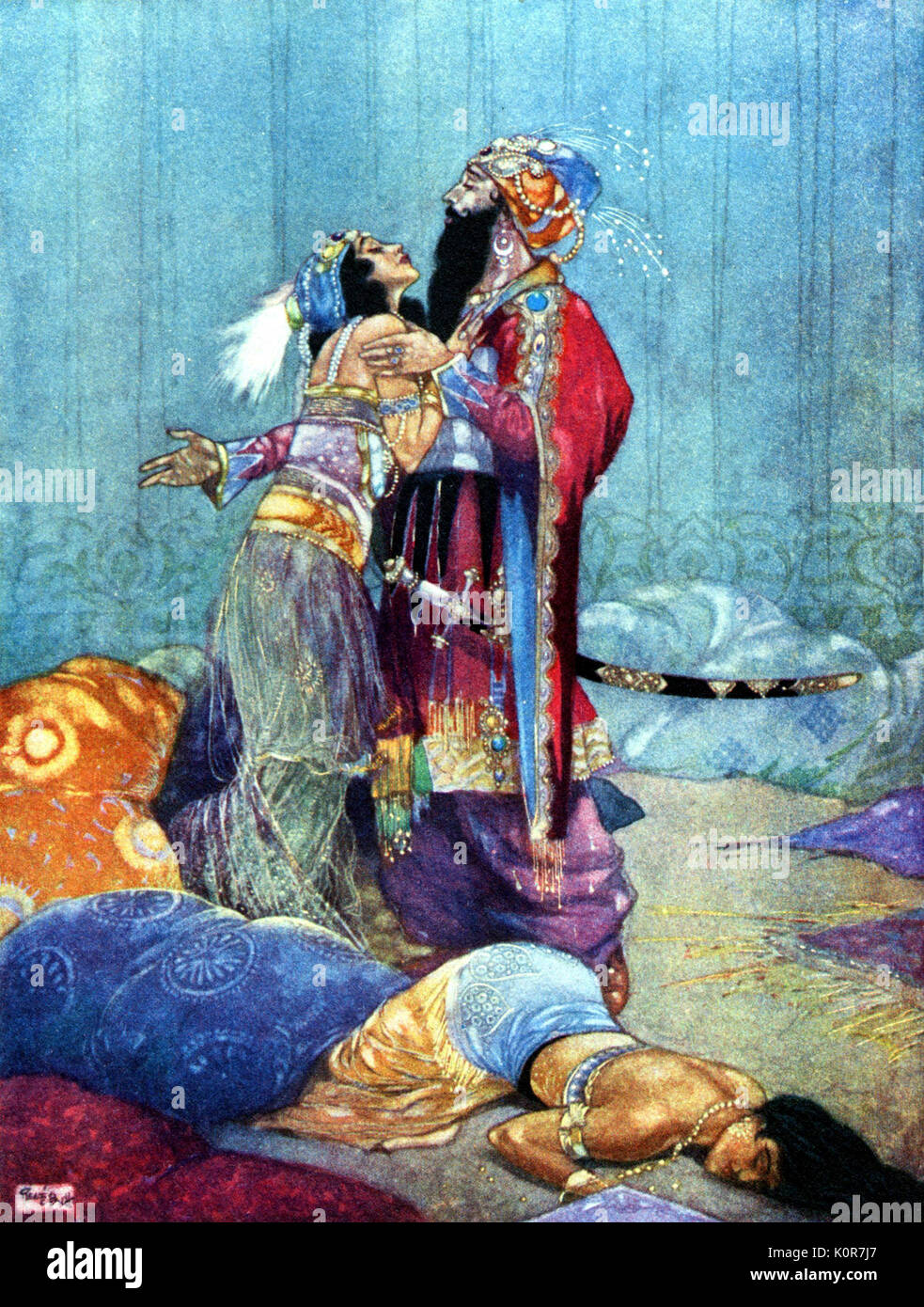 Nicolai Rimsky-Korsakov ' s ballet Sheherazade / Scheherazade - painted by René BULL. Scheherazade ensnares the Sultan / Caliph with her tales of 1001 Arabian nights. 1913. Russian composer, 18 March 1844 - 21 June 1908. Stock Photo