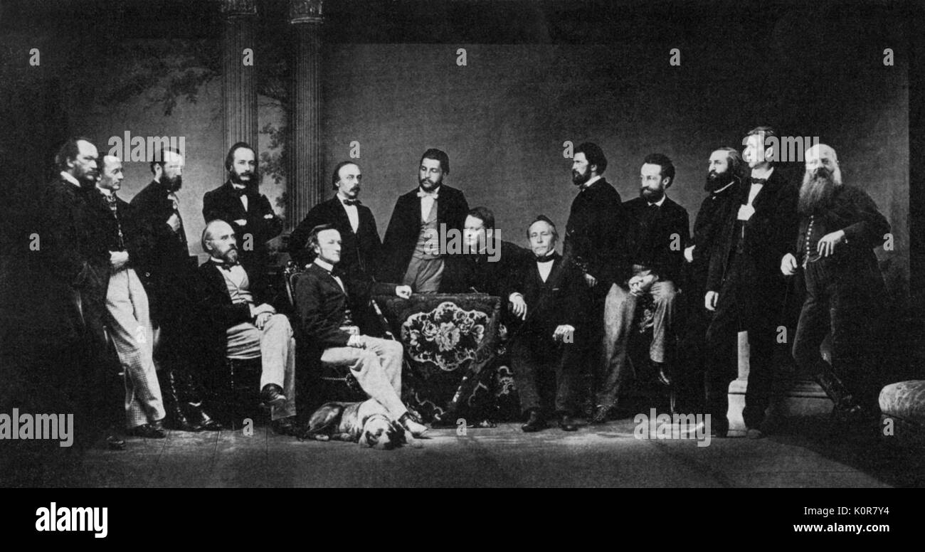 Richard Wagner with Hans von Bülow (behind Wagner) and friends, 17 May 1865. RW, German composer: 22 May 1813 - 13 February 1883. From left to right: Friedrich Uhl, Richard Pohl, H. v. Rosti, A. de Gasperini (behind), August Röckel (in front), Hans von Bülow (behind), Richard Wagner (in front), Adolf Jensen (centre), Dr. Gille, Franz Müller, Felix Draeseke, Alexander Ritter, Leopold Damrosch, Heinrich Porges, and Michael Moszonyi. Stock Photo