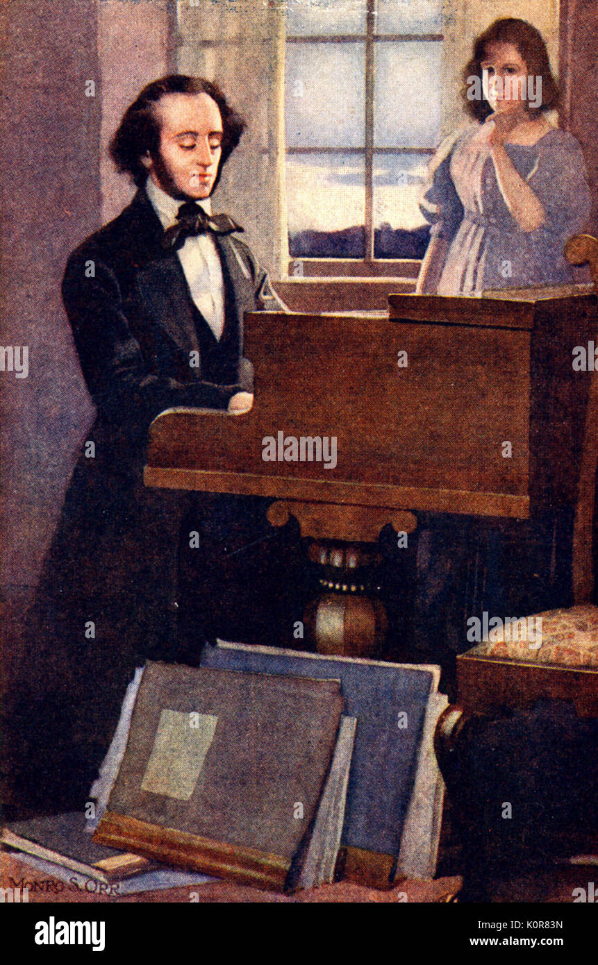 Felix - Bartholdy playing piano with his sister Fanny watching him.  German composer ( 1809 - 1847 ). Stock Photo