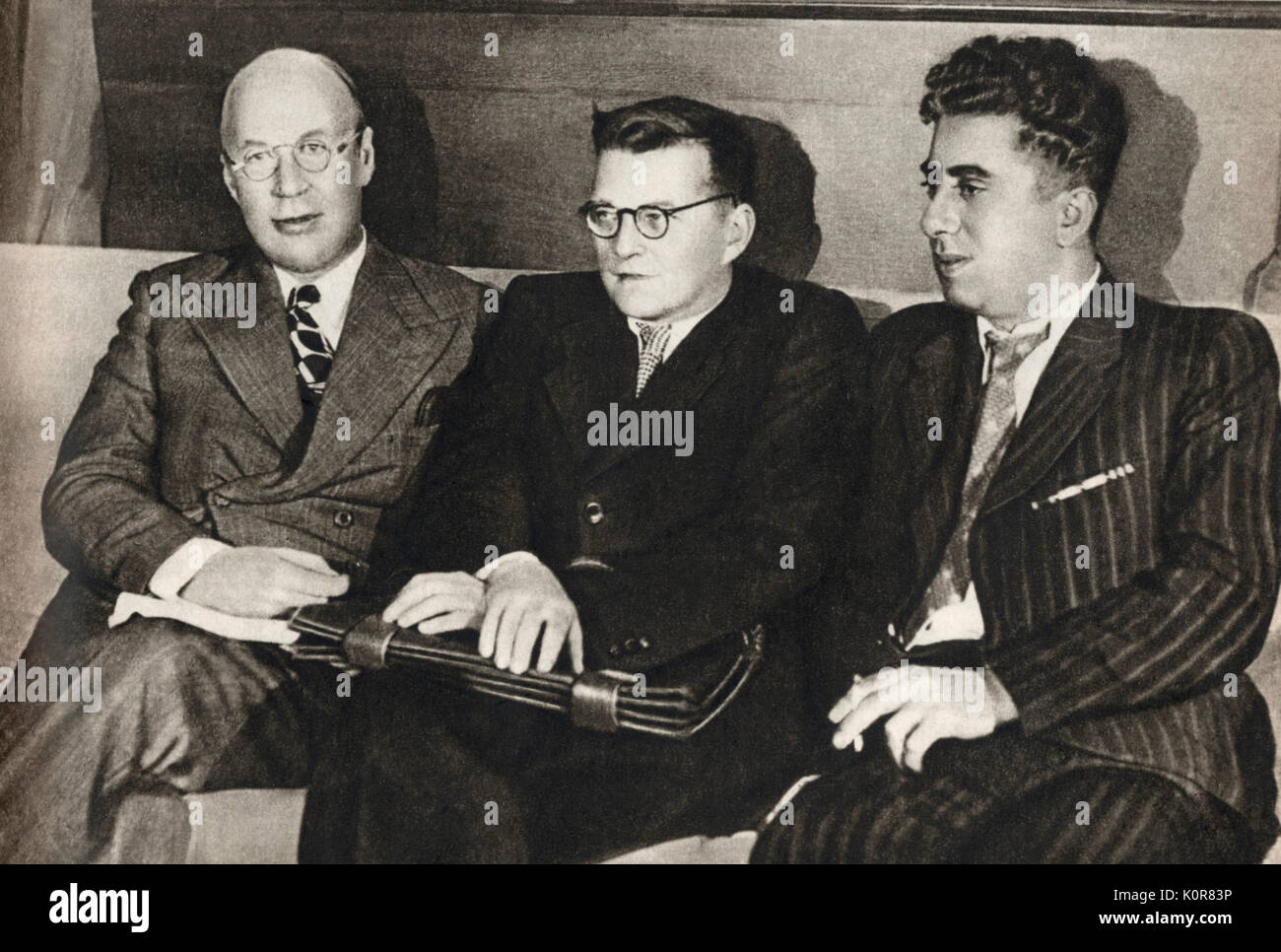 Sergei Prokofiev with Dmitri Shostakovich (middle) and  Aram Ilich Khachaturian (right). Russian composer, 1891-1953 Stock Photo