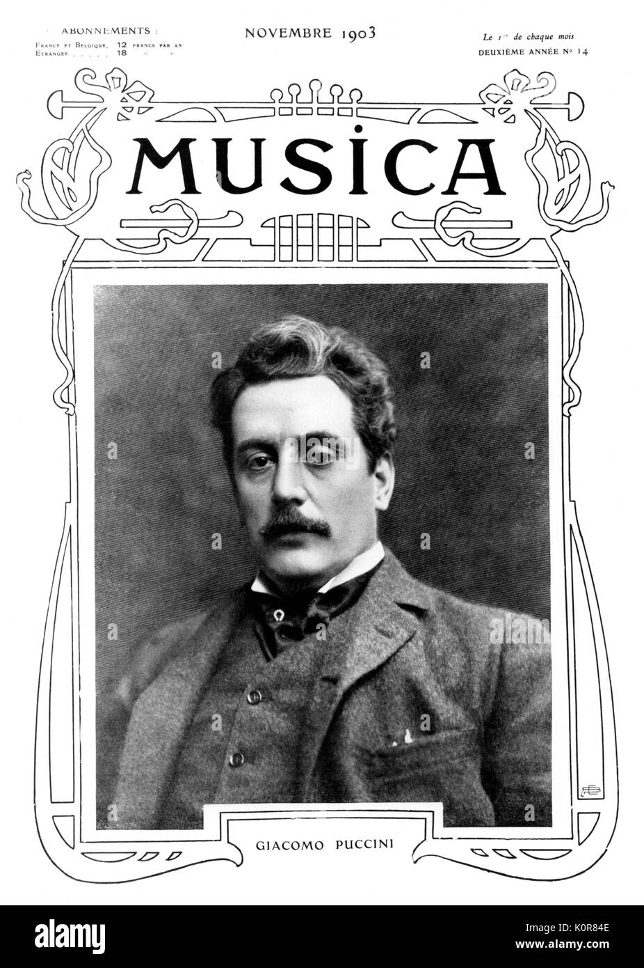 Giacomo Puccini - on cover of Musica, November 1903.  Italian composer: 22 December 1858 - 29 November 1924. Italian composer: 22 December 1858 - 29 November 1924. Stock Photo