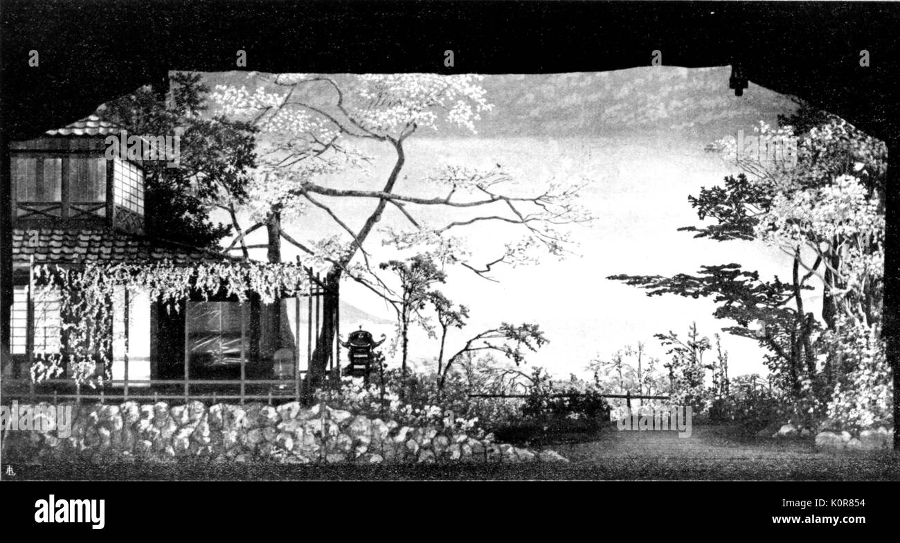 'Madama Butterfly' original set design - hill near Nagasaki in Act I, 1904. Opera by Giacomo Puccini. Italian composer: 22 December 1858 - 29 November 1924. Stock Photo