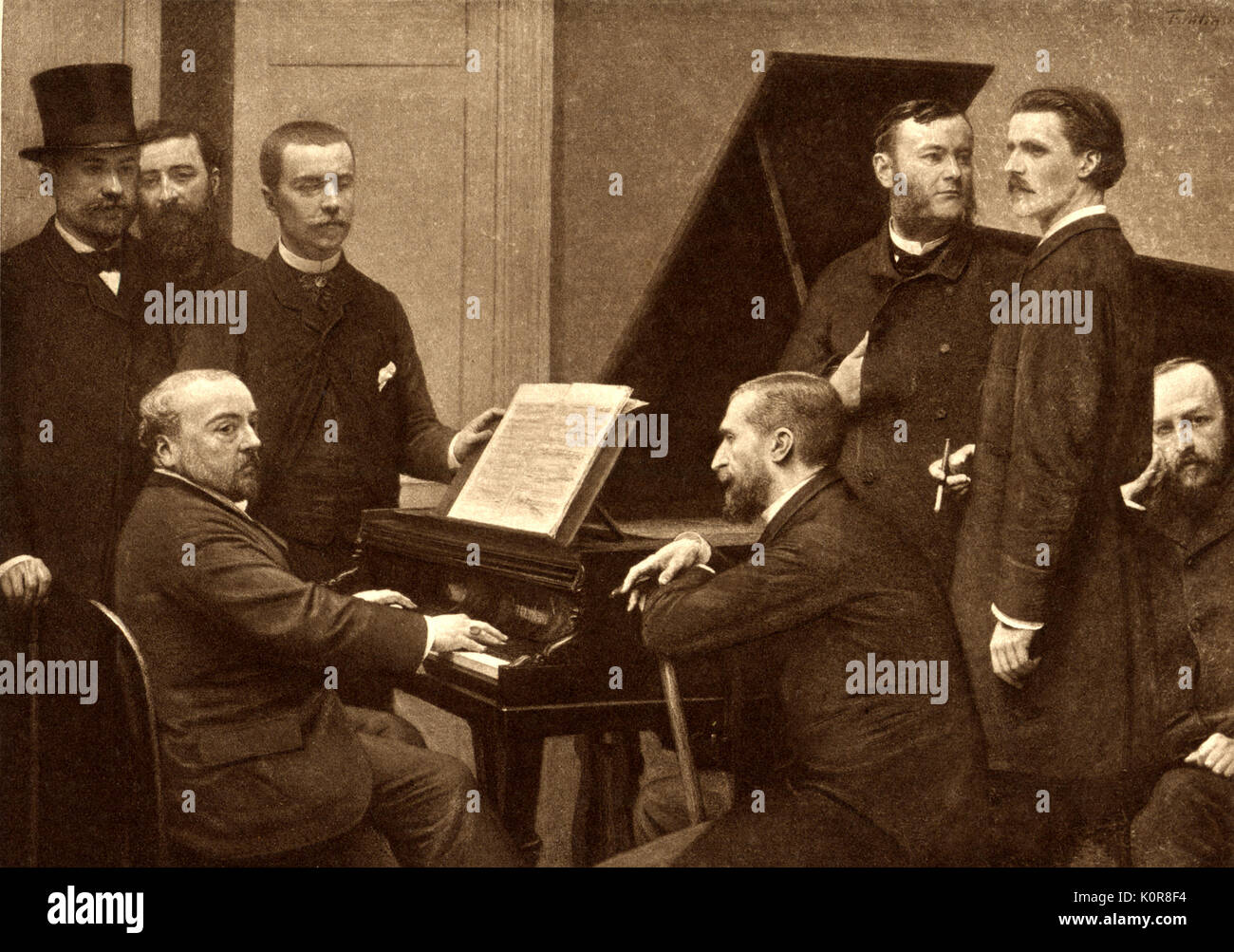 CHABRIER, Emmanuel  at piano 1885 by Fantin-Latour This group was know as 'Les Wagneristes'.  Around him are A.Jullien, A.Boisseau, C.Benoit, on right standing A.Lascoux, Vincent d'Indy(w. cigarette holder), E.Maitre, A.Pigeon.  French composer.  Jullien, French composer, originally Louis Antoine Julien. Stock Photo