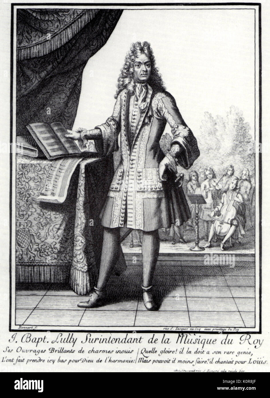 Jean Baptiste Lully with a group of court musicians ensemble behind him (violin, viola da gamba)  Engraving by Bonnart, Henri (1642-1711).  Italian-French composer, 1632-1687. Stock Photo