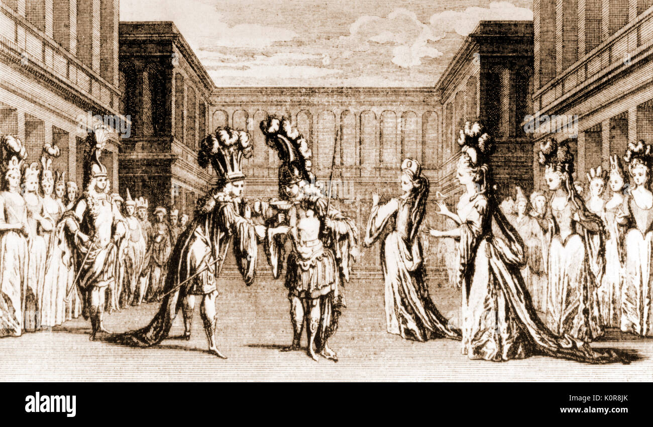 Jean Baptiste (de) Lully or Giovanni Battista di Lulli - scene from the  Italian - French composer 's opera Persée. Act V (Paris, 1710 - from first  edition of score). Engraving by