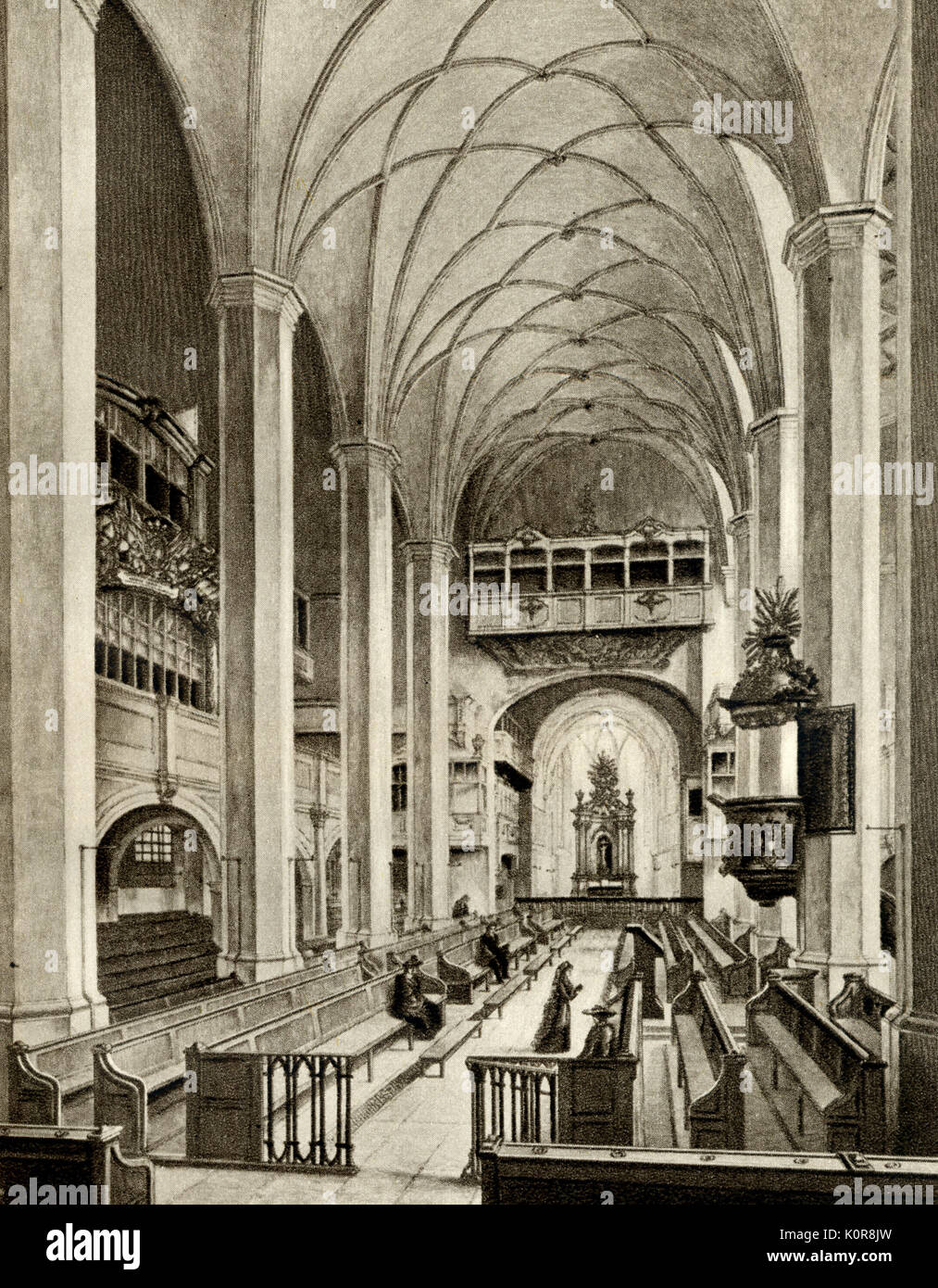 Thomas Church interior  1885, by Hubert Kratz. JS Bach was organist here.  German composer & organist, 21 March 1685 - 28 July 1750.  Thomaskirche / Thomas Kirche Stock Photo