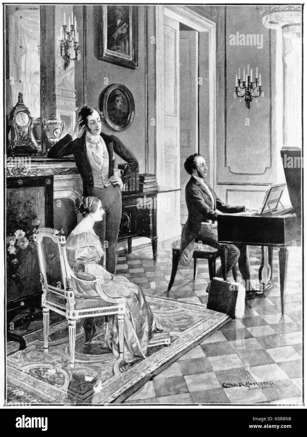 Felix Mendelssohn - portrait of the German composer playing to Victoria & Albert. 3 February 1809 - 4 November 1847. Painting by Carl Rohling (1849-1922), dated as 1900. Stock Photo