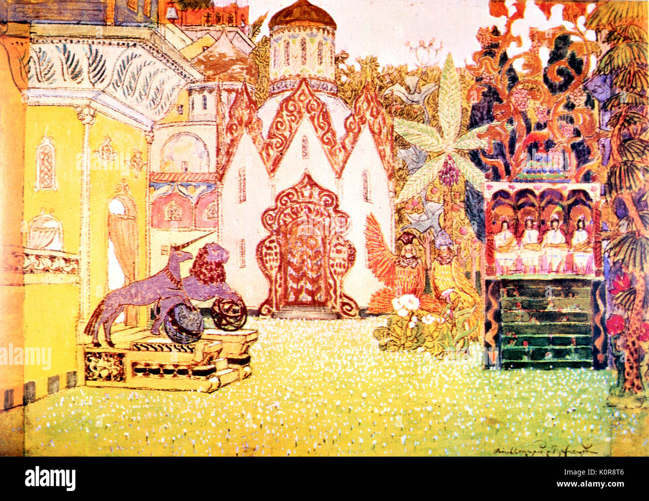 Rimsky-Korsakov. 'The Legend of the Invisible City of Kitezh'-first performance.Stage design to 2nd scene of Act IV (Transfigurated Kitezh) by A.M.Vasnetsov (1856-1933) - St.Petersburg 1907; Conductor F.M.Blumenfeld Russian composer (1844-1908) Stock Photo