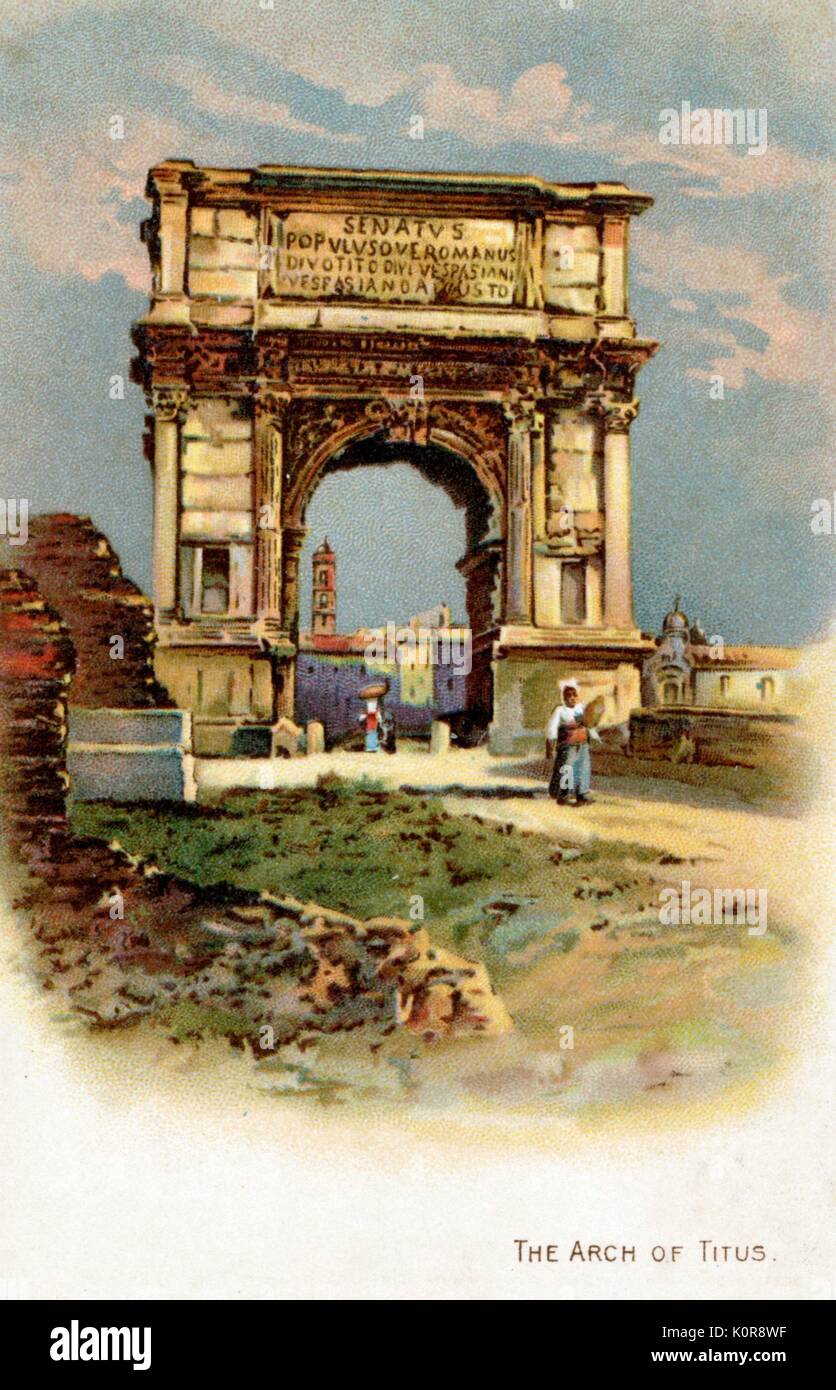ROME - Arch of Titus -built by the Romans   to commemorate Titus' victory in the Destruction of Jerusalem in 70 A.D. and the destruction of the Temple of the Isarelites.  Beginning of the dispersion as Hebrew slaves to Rome and its empire.  The Arch provides the only contemporary depiction of sacred articles taken from the Temple in Jerusalem. Stock Photo