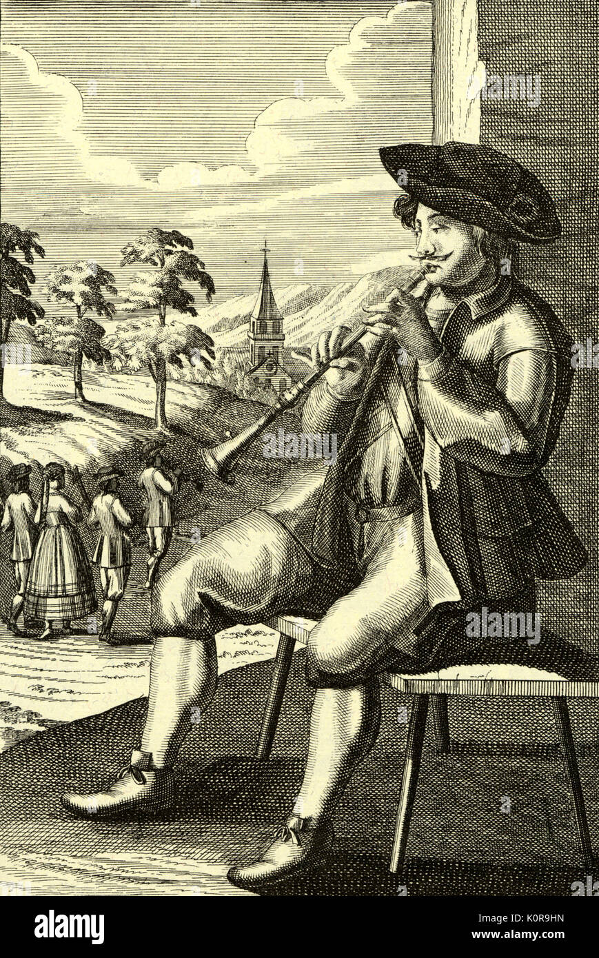 Early 18th century engraving of man with shawm. Engraving by J C Weigel (1661-1726). Early woodwind instrument, forerunner of oboe. Stock Photo