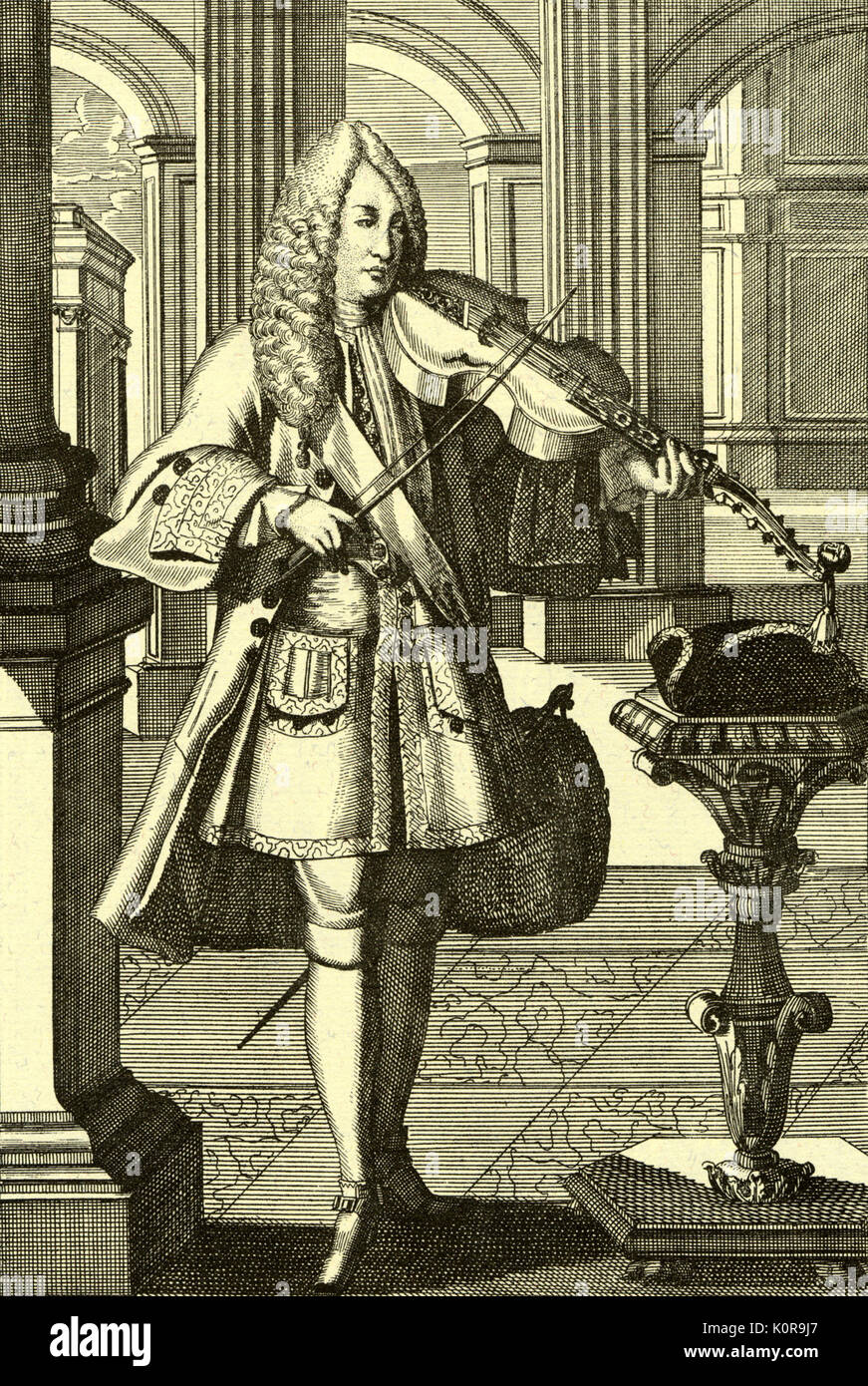 Man playing viola d'amore (viol d'amour). Engraving by J C Weigel (1661-1726) from 'Musikalisches Theatrum'. Stock Photo