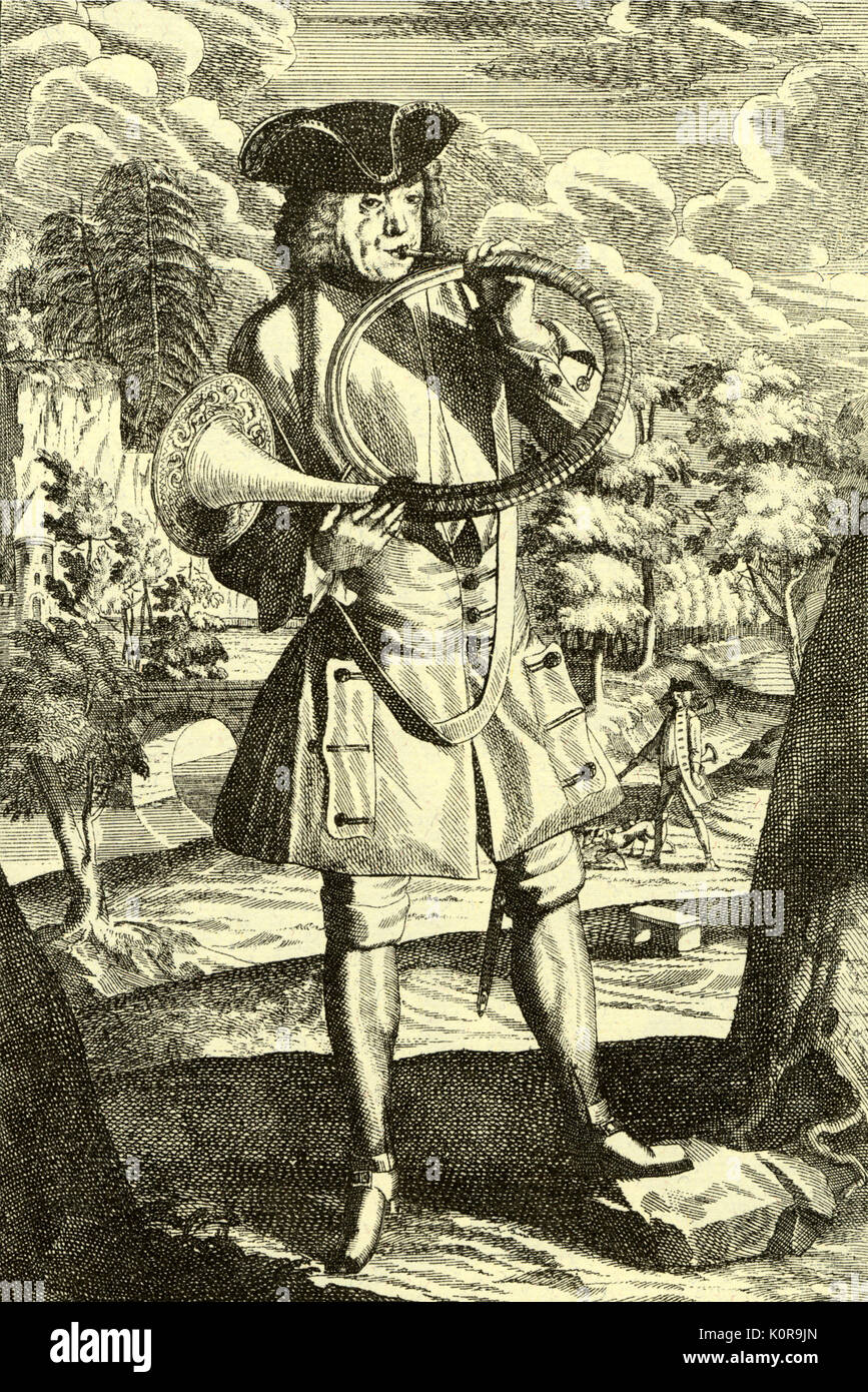 Man playing French horn, (hand-horn). Engraving by J C Weigel (1661-1726) from 'Musikalisches Theatrum'.  German: Waldhorn; Fr: cor d'harmonie; It: corno a mano. Stock Photo