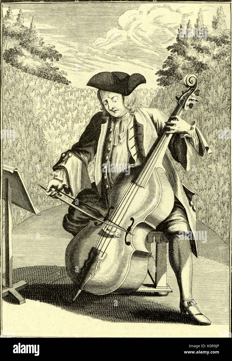 Man playing cello. Engraving by J. C. Weigel (1661-1726) from 'Musicalisches Theatrum'. Late 17th century/ early 17th century. Stock Photo