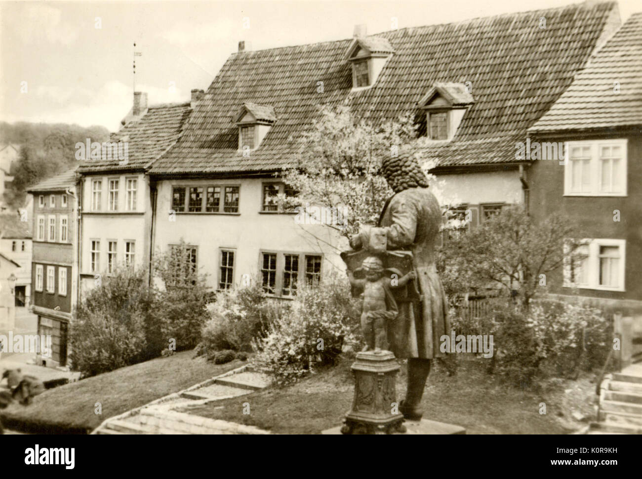 Johann Sebastian Bach birthhouse at Eisenach with statue of him in front.   German composer & organist, 1685-1750 Stock Photo
