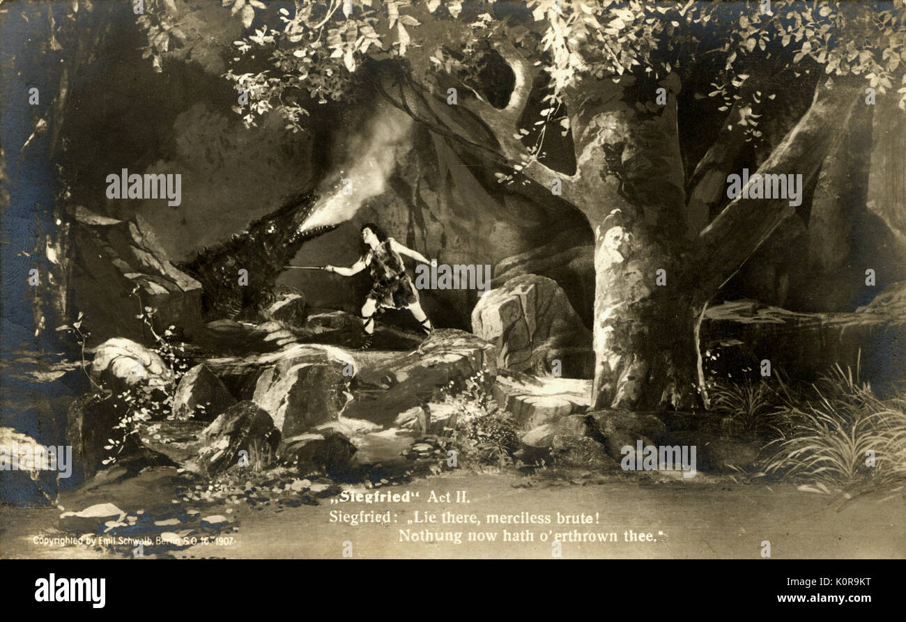 Wagner.  Ring Cycle.  Siegfried slaying the dragon in Act II of Siegfried from early 1900s production photograph. German composer & author, 1813-1883 Stock Photo