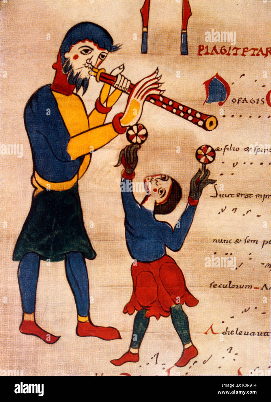 Man playing a flute. Miniature of Latin manuscript from Saint-Martial de Limoges, 11th century. Stock Photo