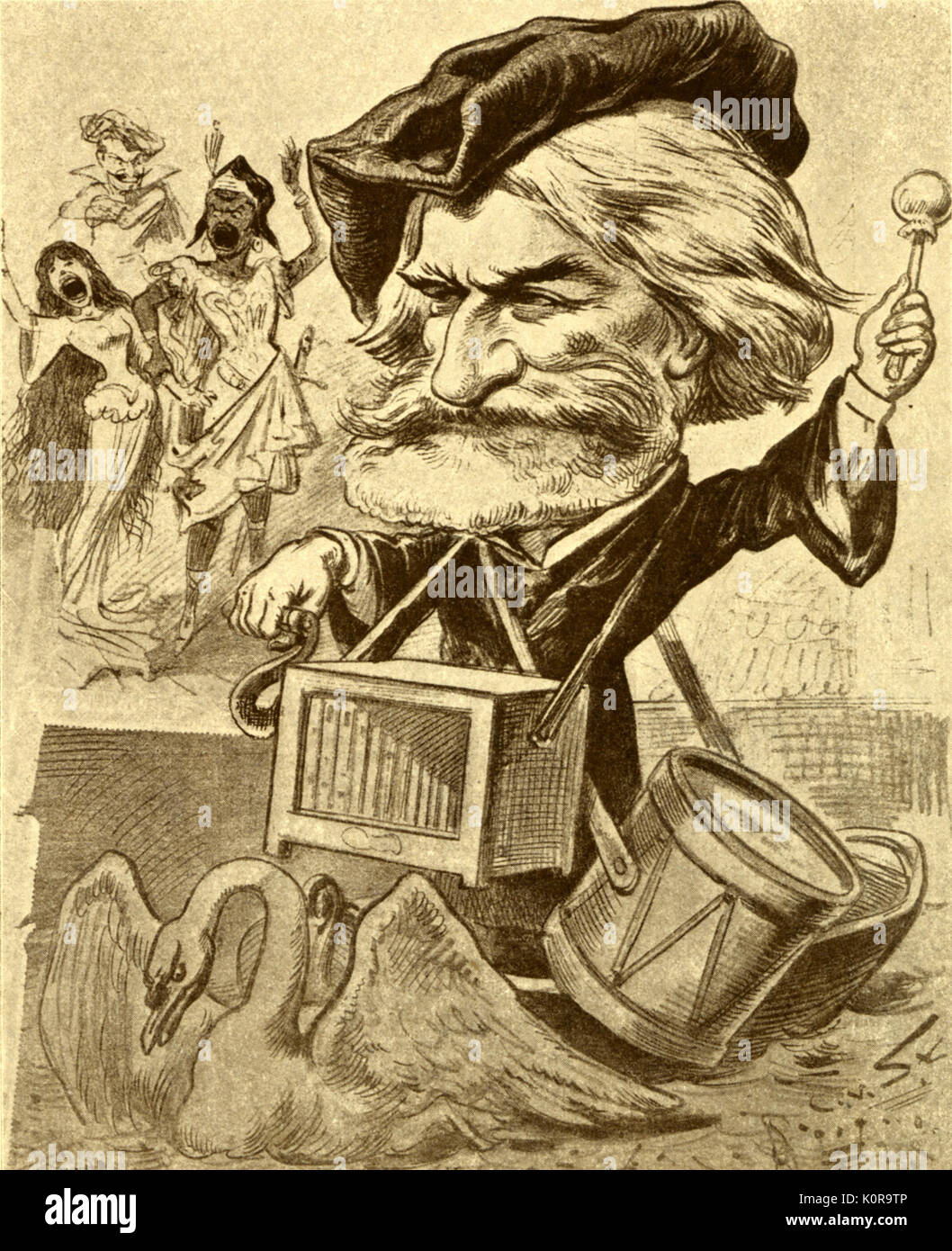 Giuseppe Verdi banging his drum, implying he is influenced by Wagner, (note Lohengrin swan at his feet). By E von Stur in the 'Floh' (the Flea).  Italian composer (1813-1901). Stock Photo
