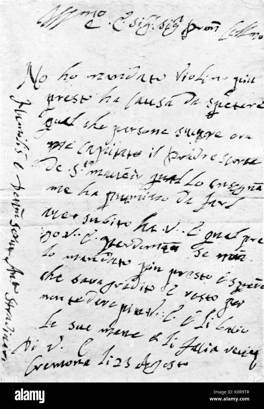 Antonio Stradivari  autographed letter,c. 1715, concerning the delivery of a violin, dated Cremona, 23 August c1715. Stock Photo