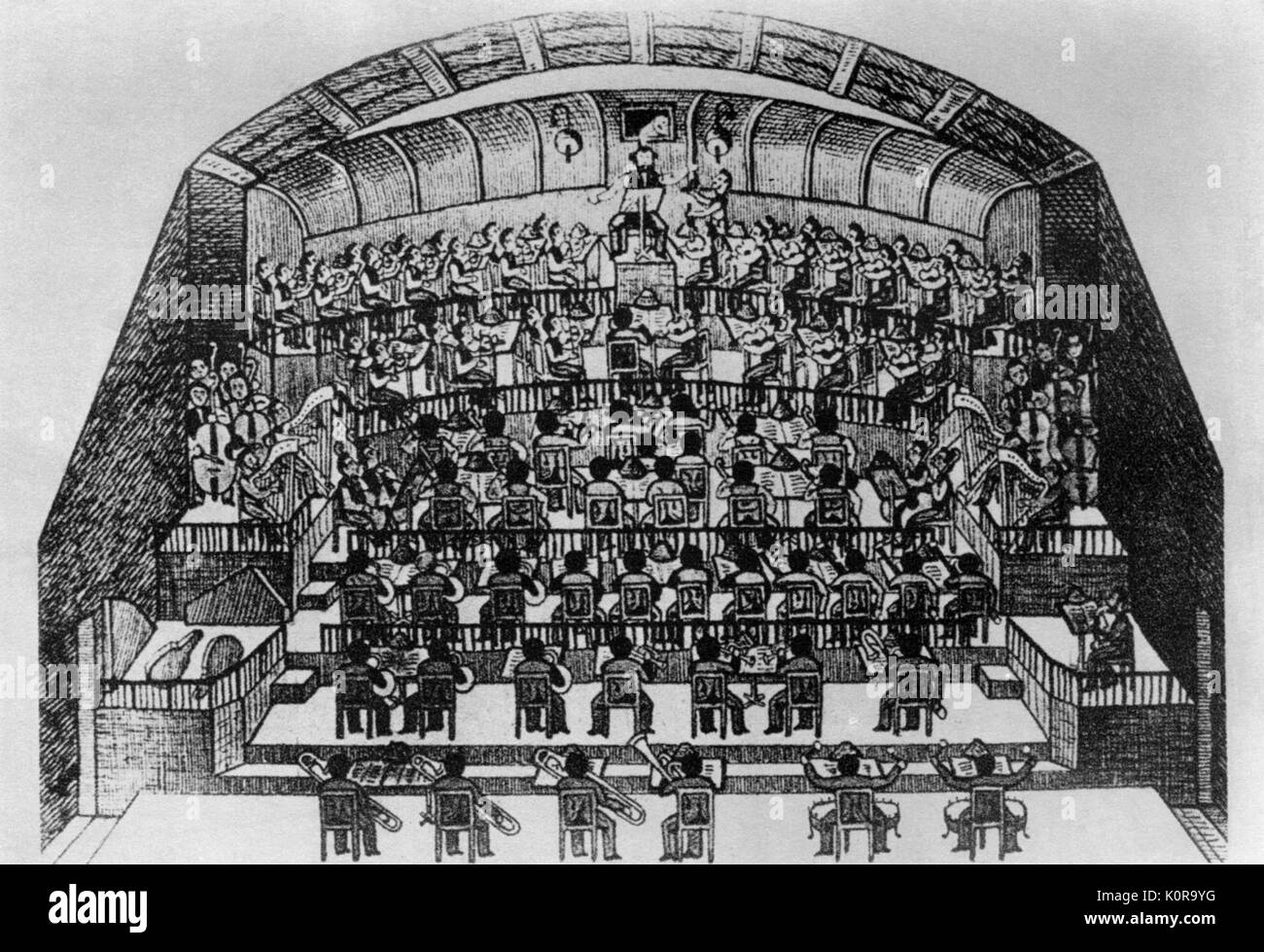 Rehearsal of Richard Wagner ' s Parsifal, 1882 by Bayreuth Orchestra in 1882. Herman Levi conducting. Wagner looking through cowl at the top. F.Strauss playing the horn, 2nd left on 3rd row from below. Drawn by Munich 1st clarinettist, H. Henzl. Late 19th century Orchestra Stock Photo