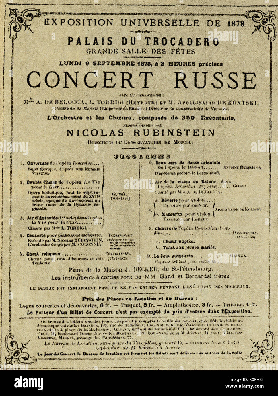 Pyotr Tchaikovsky's programme for 'Concert Russe', Paris 1878.      Directed by N Rubinstein, Music by Tchaikovsky, Glinka and others. Stock Photo