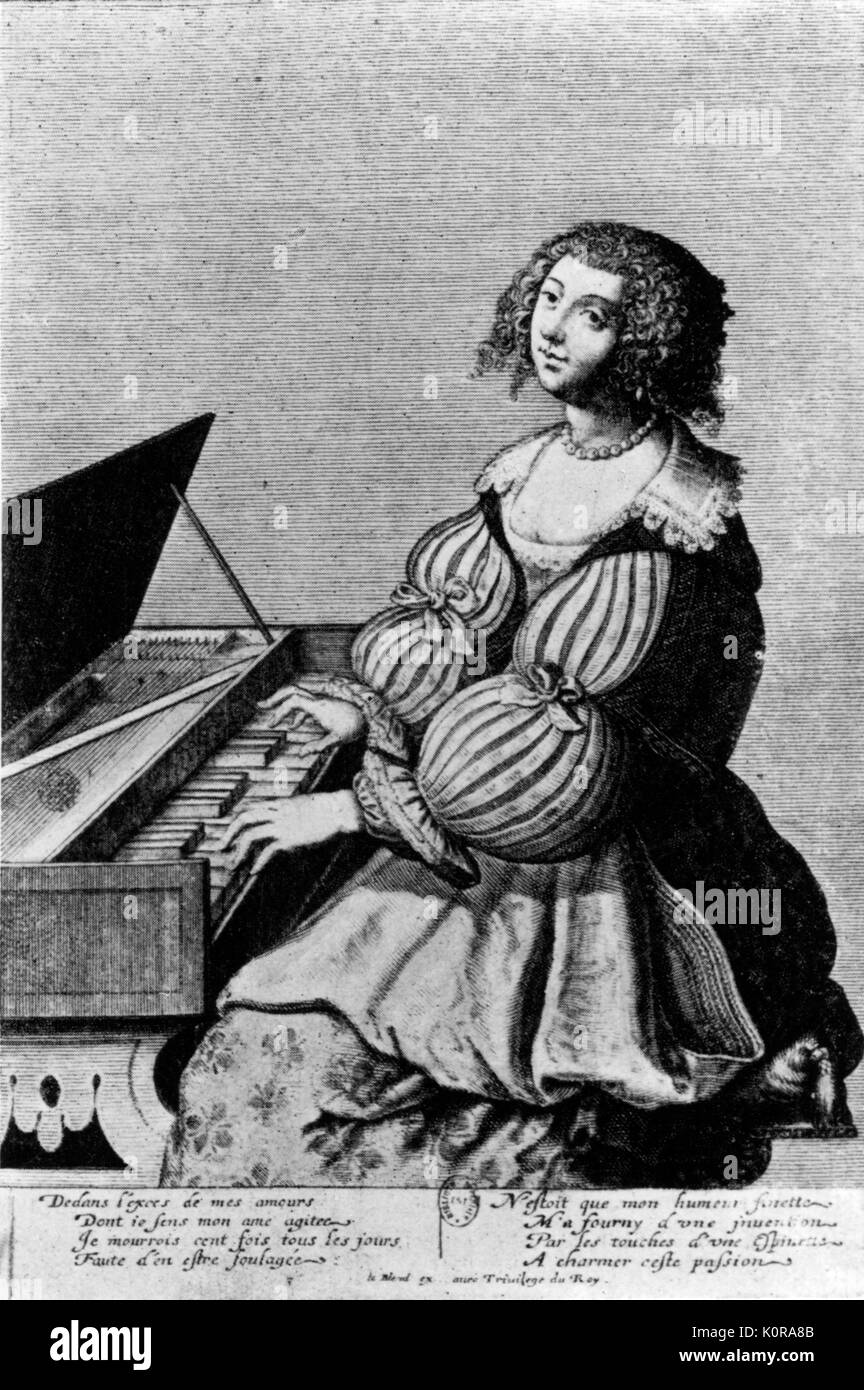 Woman playing harpsichord. French lithograph from 17th century. Stock Photo