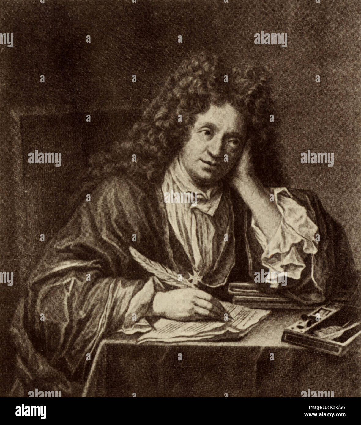 Michel Richard de LALANDE (Delalande) writing with quill. French organist composer, 15 December 1657 -18 June 1726. Court Director of Music Stock Photo