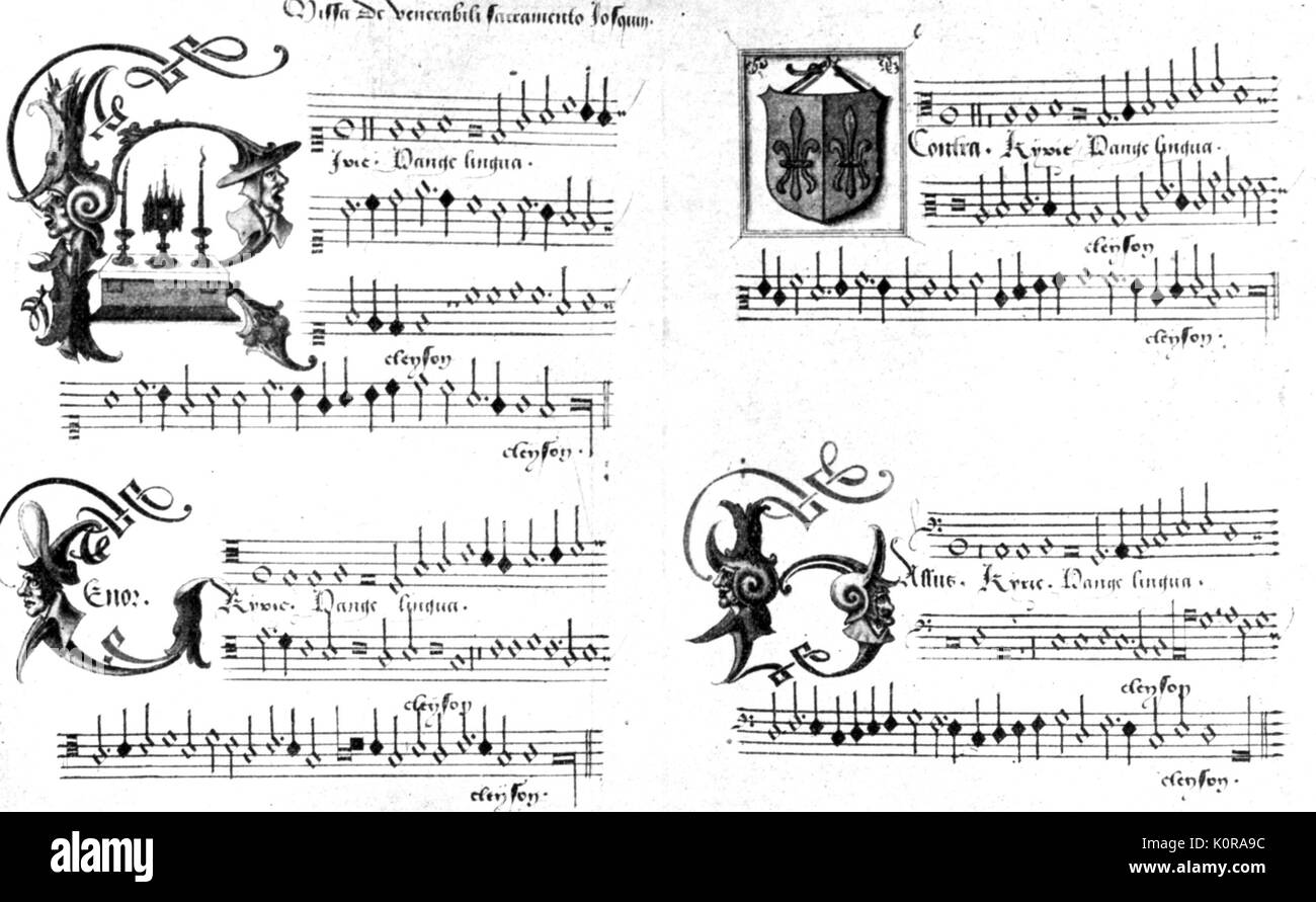 Josquin DES PRES. Score of Missa de Venerabili Sacramento. Hymn book in mensural notation of 16th century. Franco-Flemish composer 1440-1521 Stock Photo