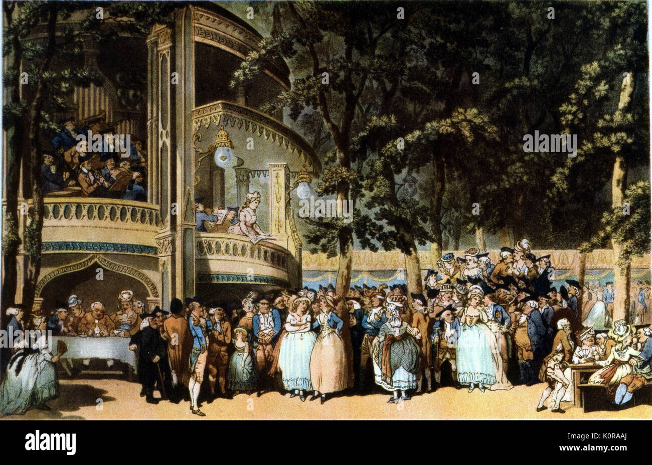 Vauxhall Gardens  by Rowlandson (popular public gardens in eighteenth century - musical  performances took place.  Soloist in box is Mrs Weichsell; orchestra behind her( 18th century) Stock Photo