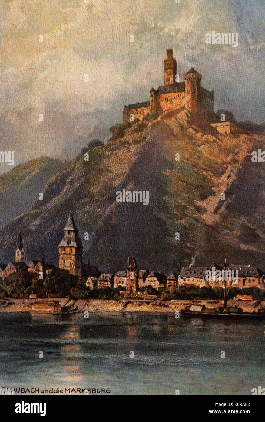 Marksburg Castle and Braubach, scene on the Rhine river, Germany. Illustration after painting by Nikolai Lvovich Astudin (1847 - 1925) Stock Photo