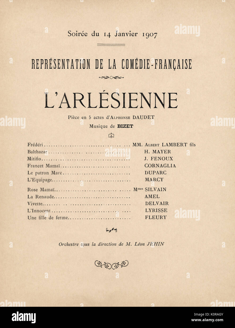 'L'Arlésienne' - interior page of programme for a 1907 performance of Alphonse Daudet 's play. Performance by the Comédie Francaise at the Théatre de Monte Carlo on the 14 January 1907. Music by Georges Bizet. AD, French novelitst: 13 May 1840 - 16 December 1897. GB, French composer: 25 October 1838 – 3 June 1875. Stock Photo