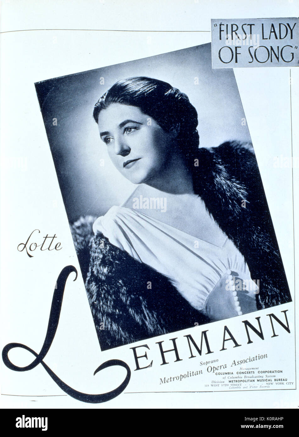 LEHMANN, Lotte in 1941 German soprano (1888-1976). American debut as Sieglinde in 'Die Walküre'. Settled in the USA in 1938. Stock Photo