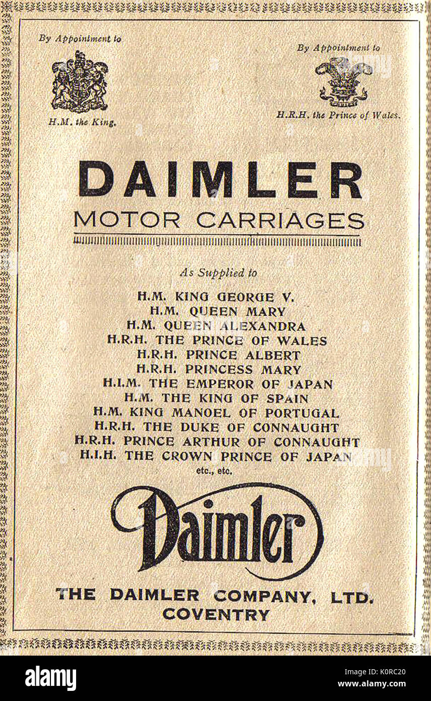 1922 Advertisement for Daimler Motor Cars ('motor carriages') Stock Photo