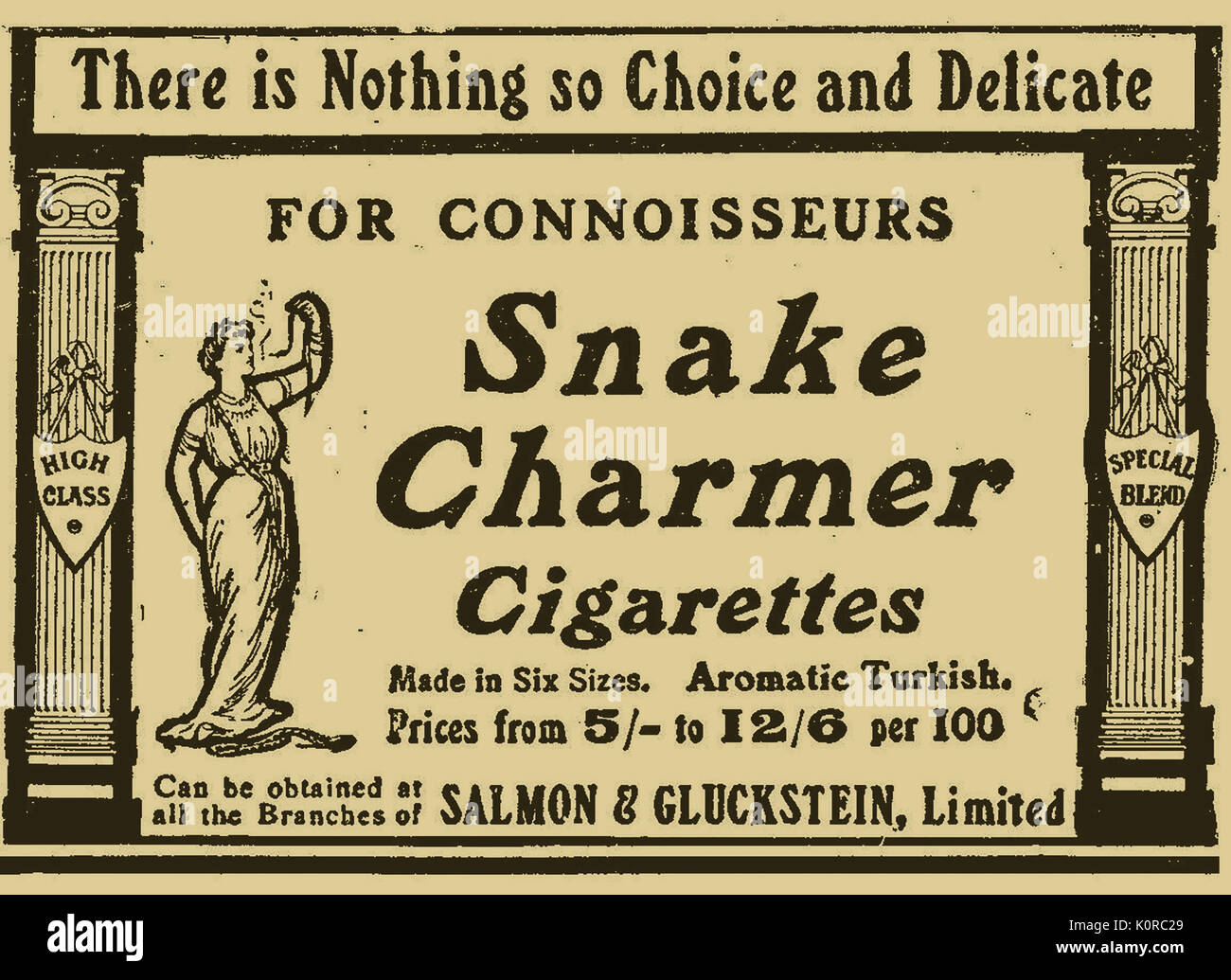 A 1910 advertisement for Snake Charmer aromatic Turkish cigarettes 'For Connoisseurs' - Salmon & Gluckstein Ltd. featuring the cosmic serpent logo Stock Photo